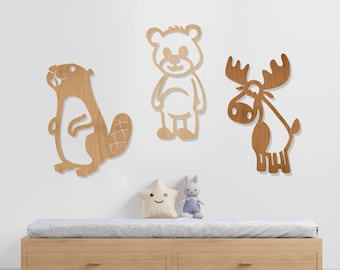 Animals from the forest, Wooden animals, Animal children, Children&#39;s room, Colorful animals, Wall decoration, Moose, Beaver, Bear.