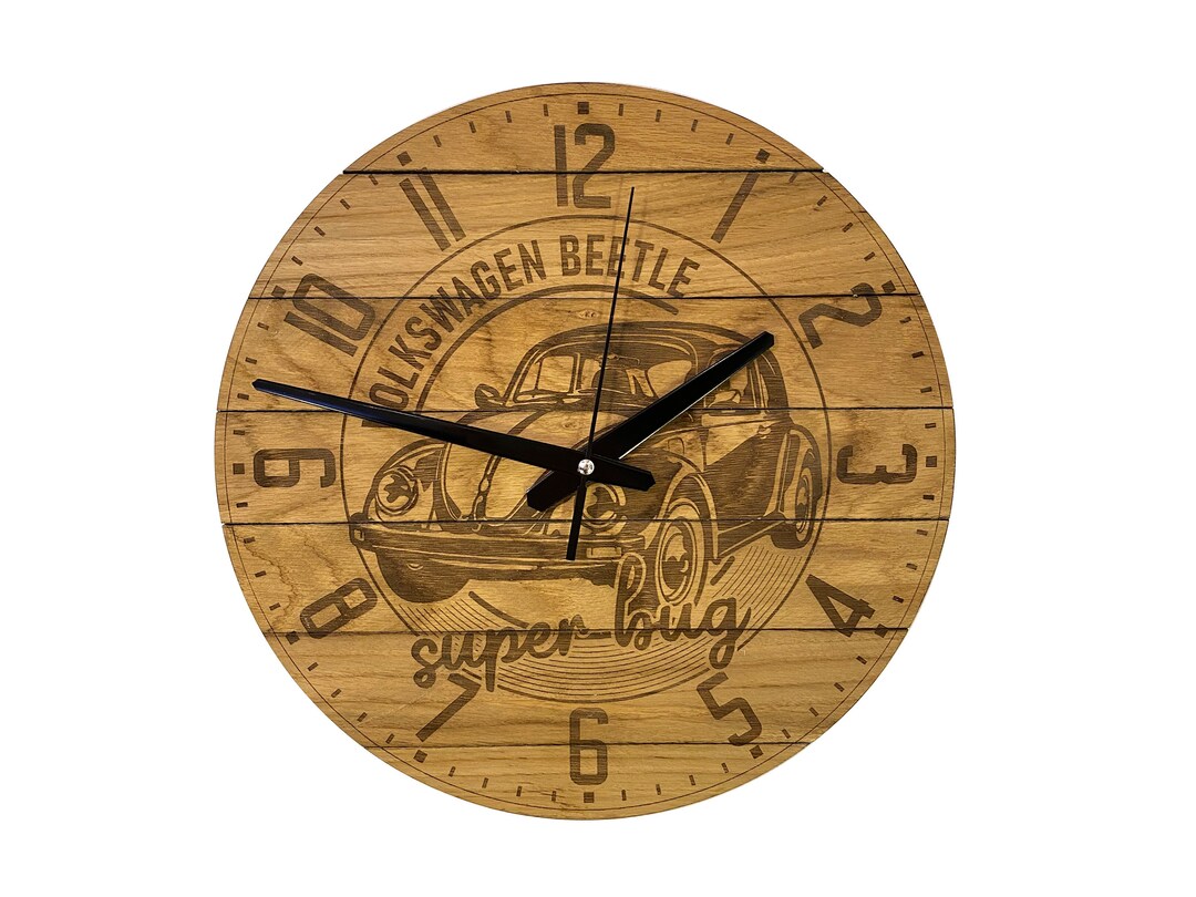 Wooden Wall Clock, Oak Clock, VW Beetle Clock, Old Wall Clock, Round