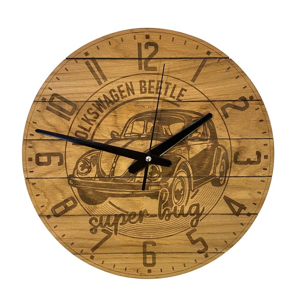 Horloge murale en bois, horloge en chêne, horloge VW Beetle, vieille horloge murale, horloge murale ronde, taille : 13''/33 cm