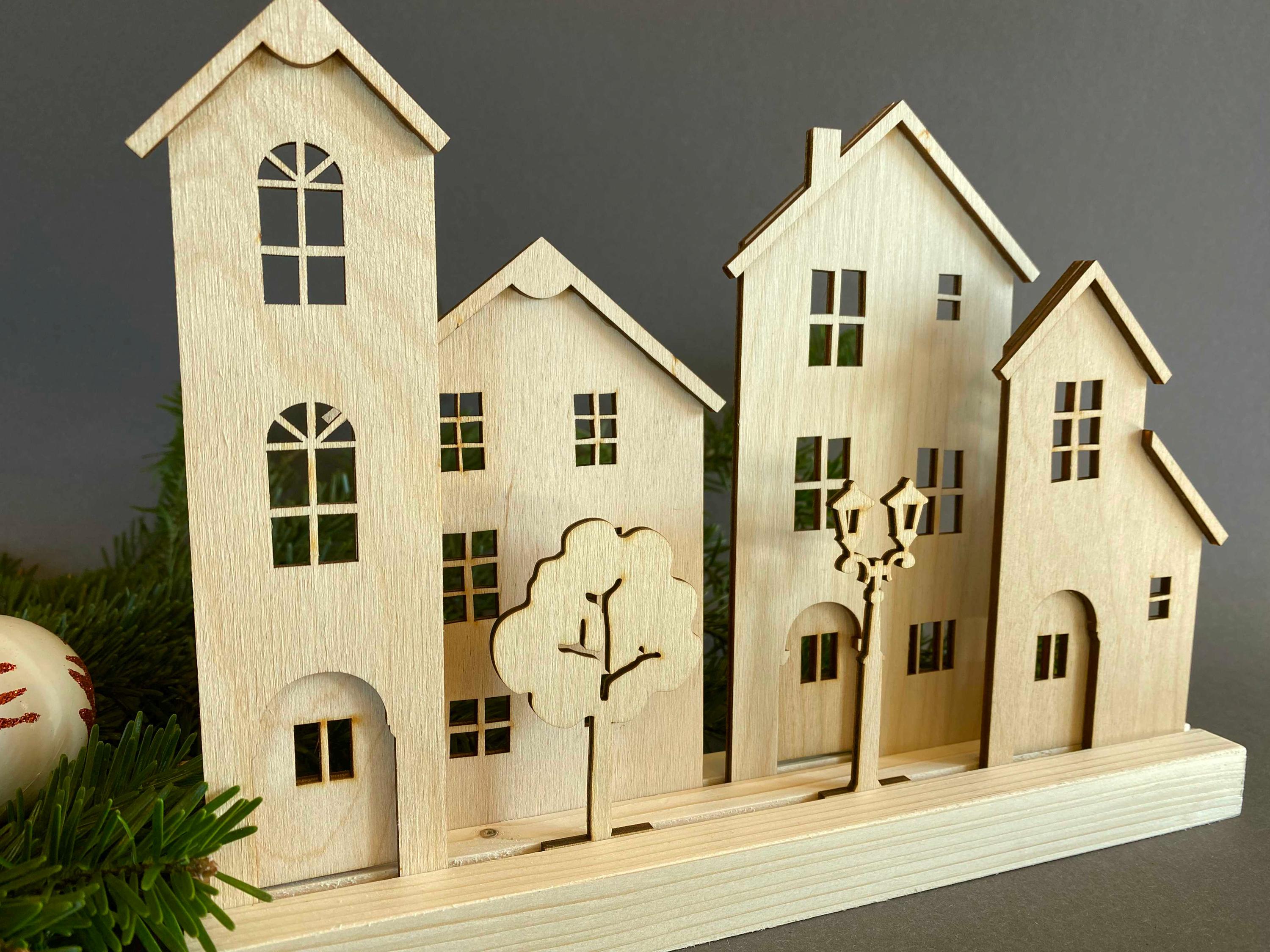 Small Set of Wooden Houses, Christmas Decorations, Room Decoration