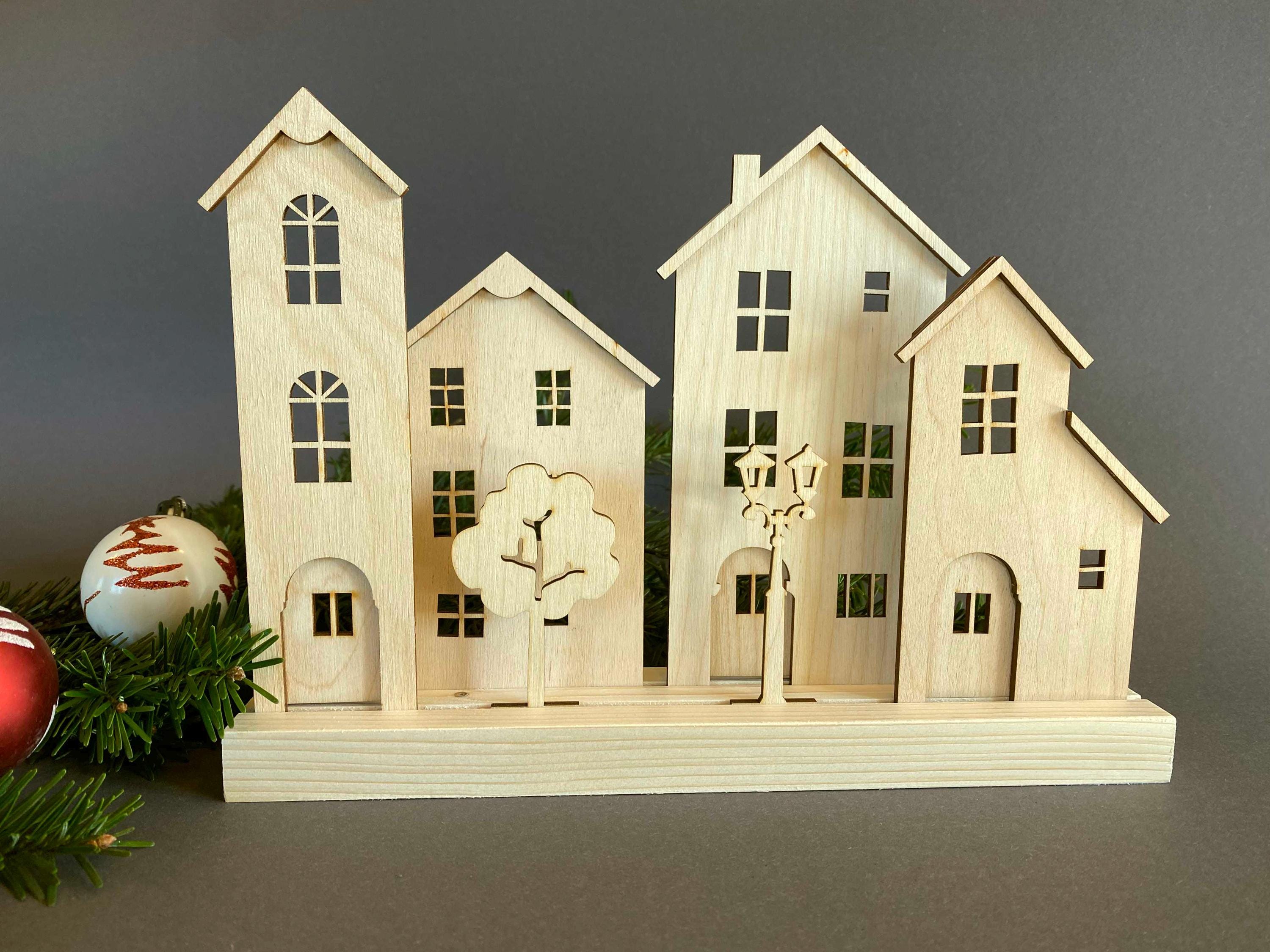 Small Set of Wooden Houses, Christmas Decorations, Room Decoration