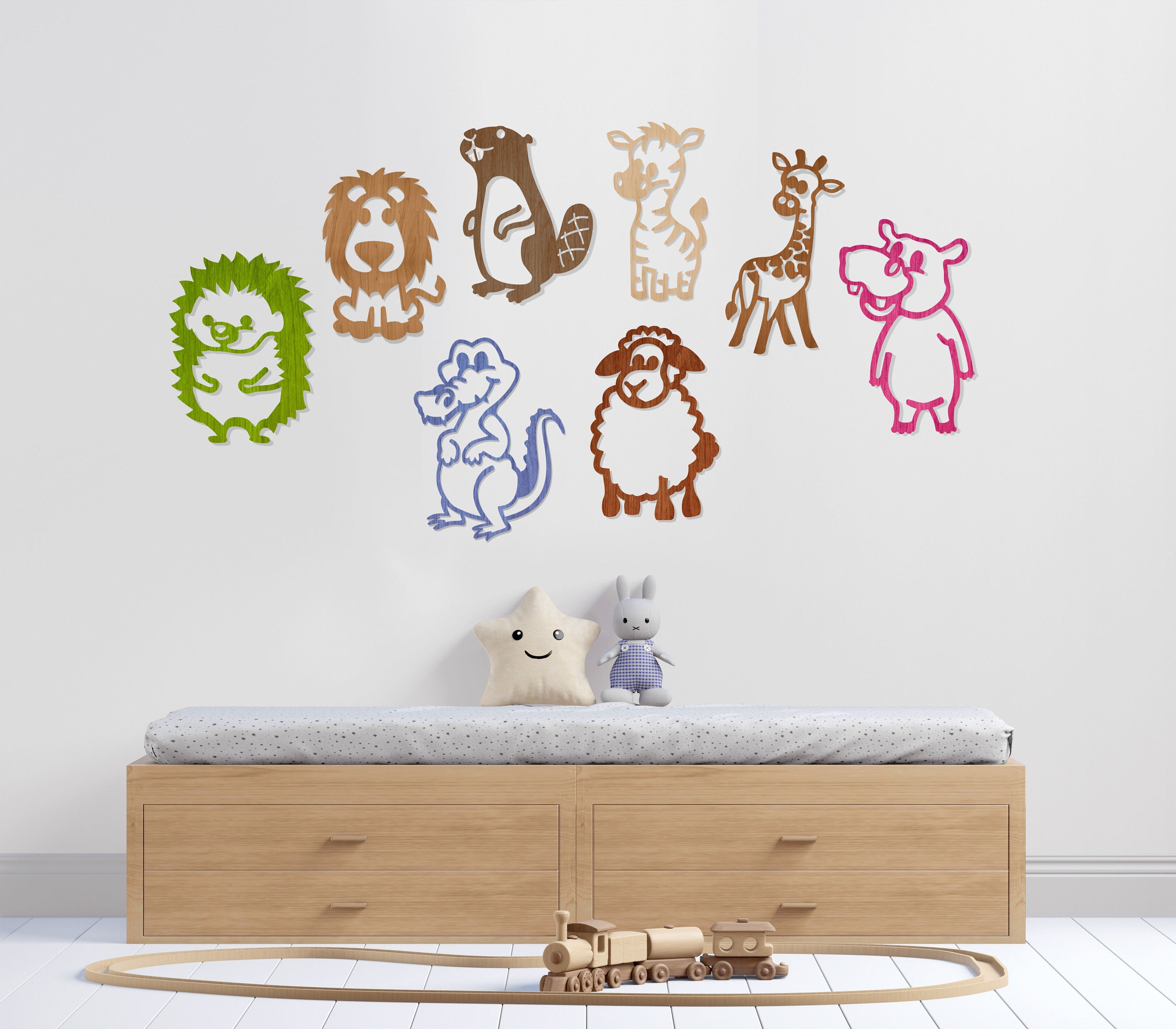 Wood Animal, Giraffe, Zebra, Lion, Cow, Pig, Sheep, Hedgehog, Kangaroo, Bear, Beaver, Moose, Goat, Bull, Horse, Elephant, Hippo