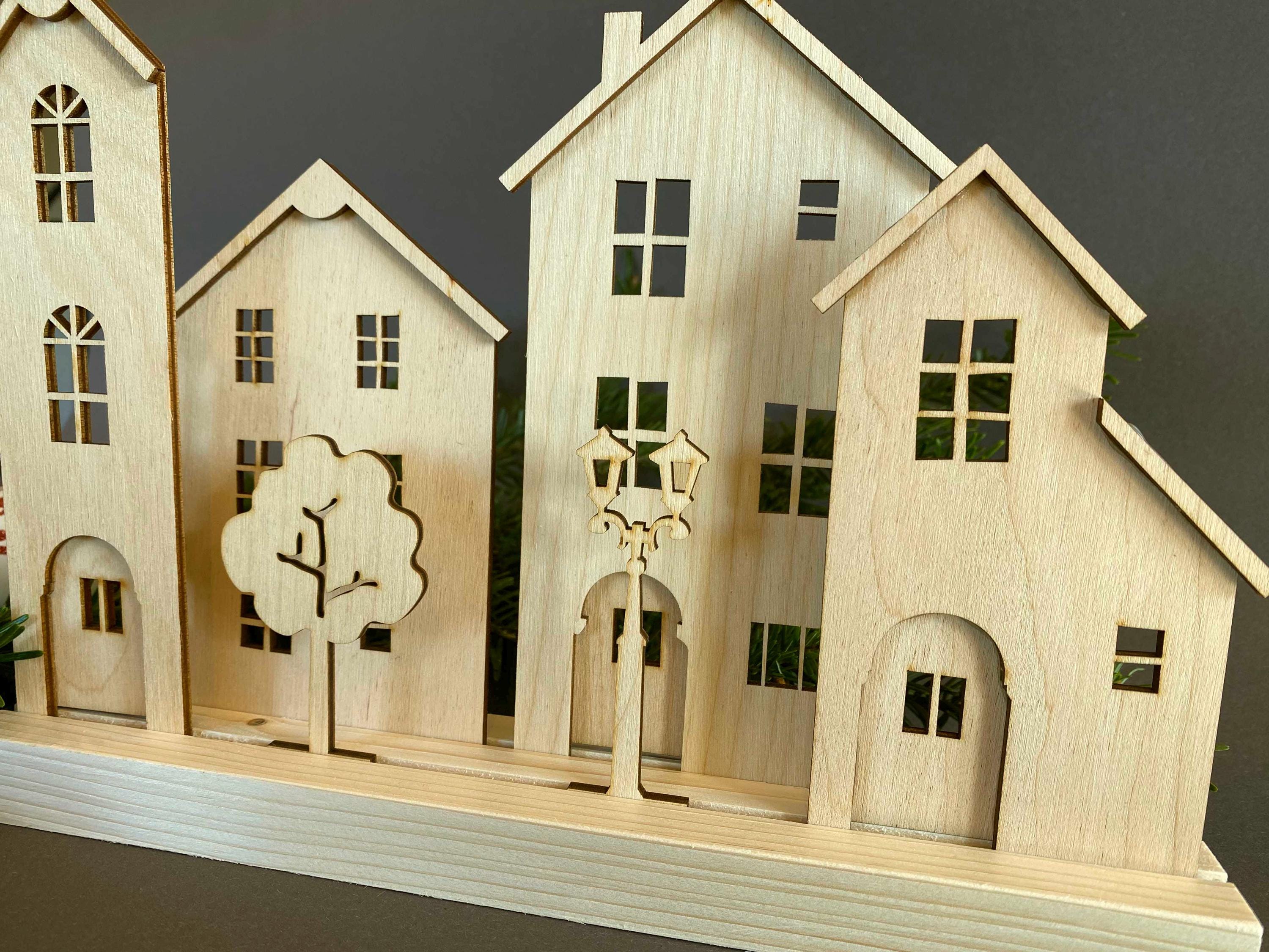 Small Set of Wooden Houses, Christmas Decorations, Room Decoration