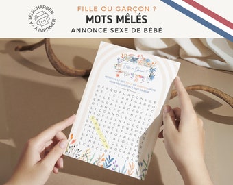 Annonce Fille ou Garçon - Mots mêlés simples / Révélation sexe bébé / Carte, jeu à télécharger, à imprimer / Naissance / Baby shower Fleuri