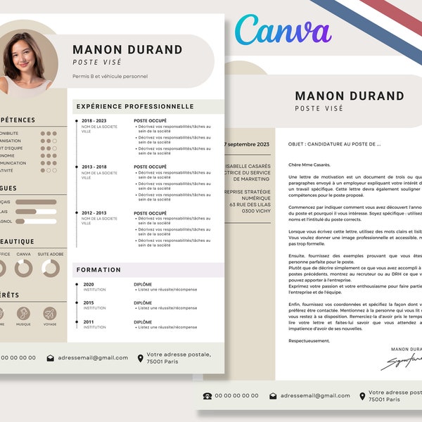 Canva - Modèle de CV et lettre de motivation français France original, moderne, lisible, organisé / Curriculum vitae modifiable sur Canva