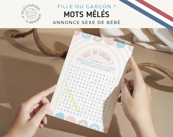 Annonce Fille ou Garçon - Mots mêlés simples / Révélation sexe bébé / Carte, jeu à télécharger, à imprimer / Naissance / Baby shower Bleu