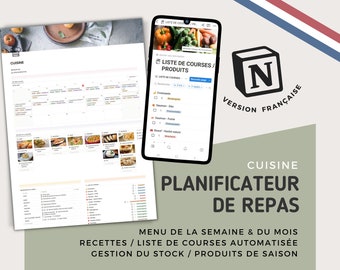 Notion - Template modèle cuisine français / France - Planificateur / organisateur de menu, repas, recettes, liste de courses, stock