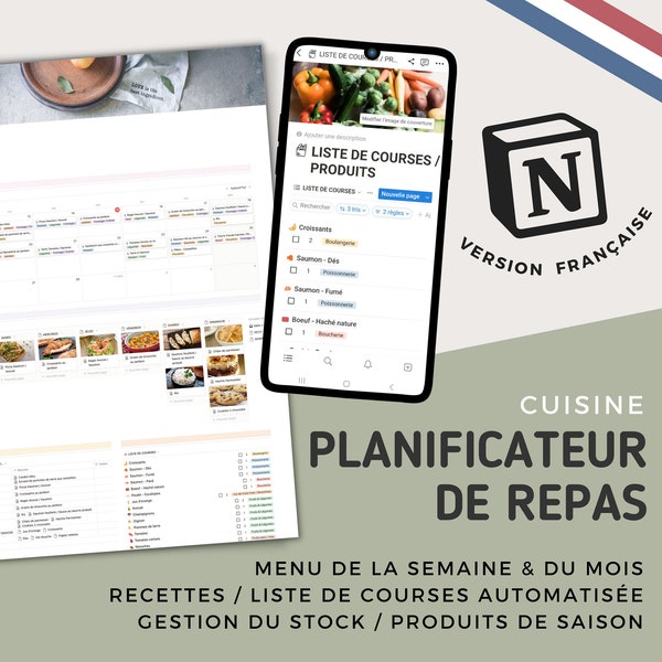 Notion - Template modèle cuisine français / France - Planificateur / organisateur de menu, repas, recettes, liste de courses, stock