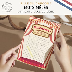 Annonce Fille ou Garçon - Mots mêlés simples / Révélation sexe bébé / Carte, jeu à télécharger, à imprimer / Naissance / Baby shower Cirque
