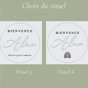 May include: Two circular designs with the name "Alma" in cursive, surrounded by the words "Bienvenue" and "Notre petit amour". One design includes a rainbow graphic. The text "Choix du visuel", "Visuel 5", and "Visuel 6" are also present.