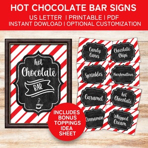 Hot Chocolate Bar Sign and Labels for Hot Cocoa Bar, Printable Candy Cane Stripes and Chalkboard Signs for Hot Chocolate Party, PDF