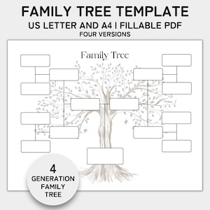 Family Tree Template 4 Generation, Family Tree Chart, Printable for Family Reunion Gifts, Pedigree Chart, Genealogy Chart, Fillable PDF