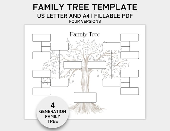 Family Tree Template 4 Generation, Family Tree Chart, Printable for Family Reunion Gifts, Pedigree Chart, Genealogy Chart, Fillable PDF