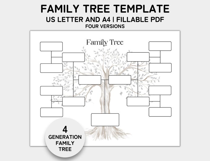 May include: A printable family tree template with a gray watercolor tree design. The template has four generations and is designed for US Letter and A4 paper sizes. The text "Family Tree" is at the top of the template.
