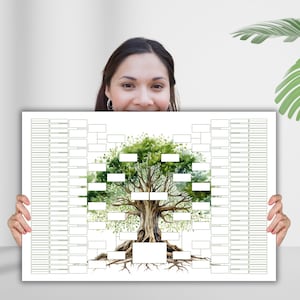 May include: A large printable family tree chart with a watercolor illustration of a green tree with brown roots. The chart has spaces for names and dates.
