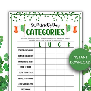 St. Patrick&#39;s Day Categories Game, Printable St. Patrick&#39;s Day Games, Trivia Game, Family Game Night, Instant Download PDF