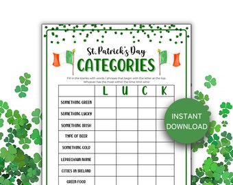 St. Patrick's Day Categories Game, Printable St. Patrick's Day Games, Trivia Game, Family Game Night, Instant Download PDF