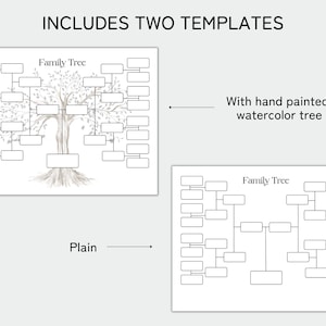 May include: Two printable family tree templates. One template features a hand-painted watercolour tree with grey branches and leaves. The other template is a plain outline.