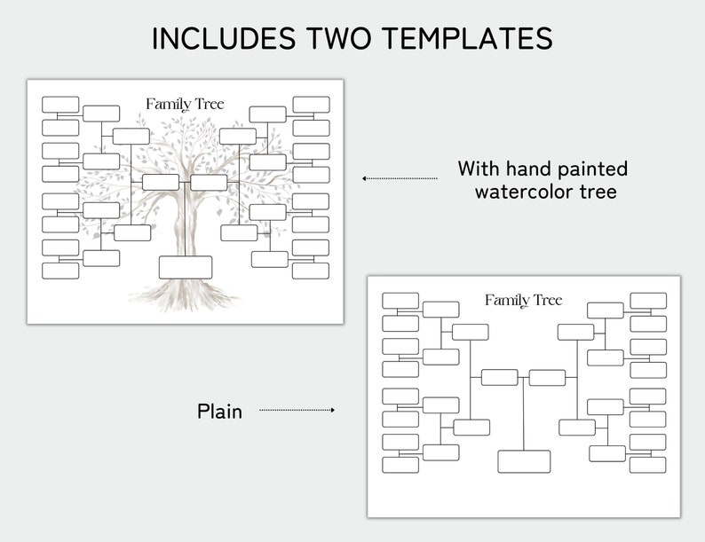 May include: Two printable family tree templates. One template features a hand-painted watercolour tree with grey branches and leaves. The other template is a plain outline.