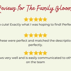 May include: Reviews for The Family Bloom: Five star reviews for a product. The first review says "So cute! Exactly what I was hoping to find! Perfect!" The second review says "These were perfect and matched the description perfectly." The third review says "Flows very well and is easily communicated to others on the team."