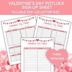 Könnte beinhalten: Drei druckbare Anmeldezettel für ein Valentinstags-Potluck mit Herz- und Banner-Design. Die Blätter sind mit "Vorspeisen & Salate", "Getränke & Eis" und "Hauptgerichte" beschriftet.