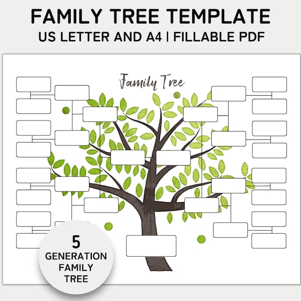 Family Tree Template 5 Generation, Family Tree Chart, Printable for Family Reunion Gifts, Pedigree Chart, Genealogy Chart, Fillable PDF