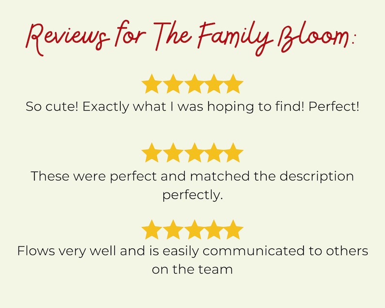 May include: Reviews for The Family Bloom: Five star reviews for a product. The first review says "So cute! Exactly what I was hoping to find! Perfect!" The second review says "These were perfect and matched the description perfectly." The third review says "Flows very well and is easily communicated to others on the team."