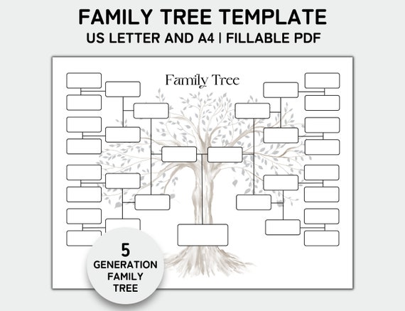 Family Tree Template 5 Generation, Family Tree Chart, Printable for Family Reunion Gifts, Pedigree Chart, Genealogy Chart, Fillable PDF