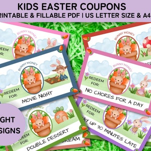 Printable Kids Easter Coupons, Editable Coupons, Bunny Money, Easter Egg Fillers, Easter Egg Coupons, Easter Basket Stuffers, Reward Coupons