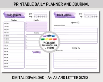 Pode incluir: Planeador diário e diário imprimível com um fundo de aquarela roxo. O planeador tem seções para o horário, as prioridades, as tarefas e as notas. O diário tem seções para a manhã, a declaração de afirmação, a noite e o resumo do dia. O planeador e o diário estão disponíveis nos tamanhos A4, A5 e carta.