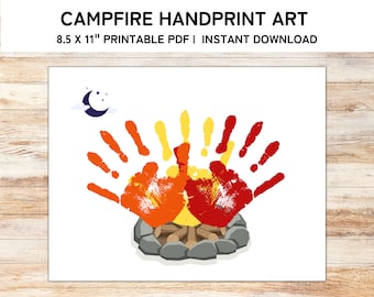 Lagerfeuer Handabdruck Kunst, druckbare Kleinkind Handabdruck Handwerk, Handabdruck Andenken für Sommer, Kinder Handabdruck Basteln, PDF