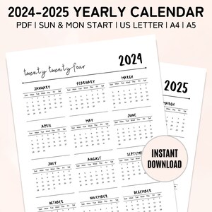 2024 - 2025 Printable Calendar, 2024 Yearly Calendar, Year on One Page, Sunday and Monday Start, 2024 Wall Calendar, Letter, A4 and A5