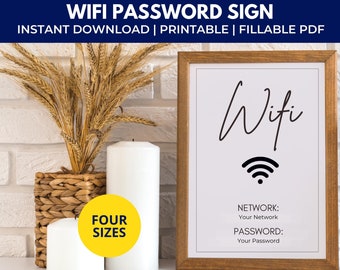 Znak hasła Wi-Fi, Znak Wi-Fi do druku, Znak sieci Wi-Fi, Edytowalny plik PDF, Znak „Bądź naszym gościem”, Wynajem wakacyjny, Natychmiastowe pobieranie