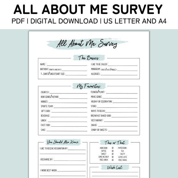 Employee Favorite Things List Printable, All About Me Employee Survey, Employee Recognition Questionnaire, Get to Know You Favorites List