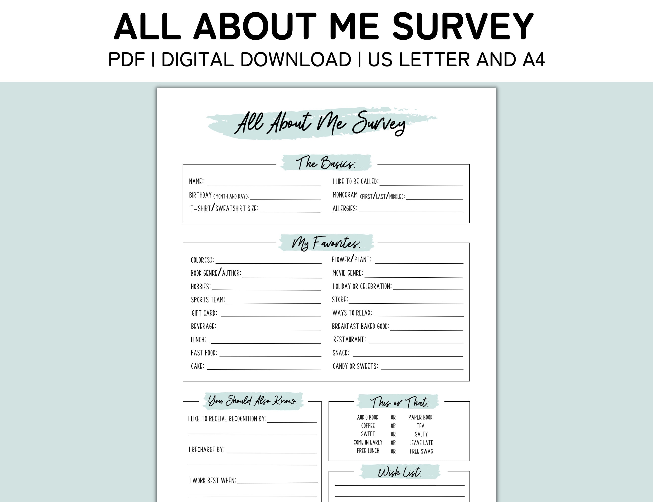 Employee Favorite Things List Printable, All About Me Employee Survey ...