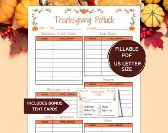 Thanksgiving Potluck Sign Up Sheet Printable, Food Sign Up Sheet, Thanksgiving Party, Fillable PDF, Office Potluck Template