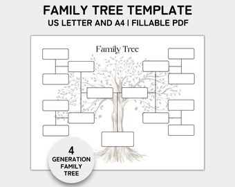 Family Tree Template 4 Generation, Family Tree Chart, Printable for Family Reunion Gifts, Pedigree Chart, Genealogy Chart, Fillable PDF