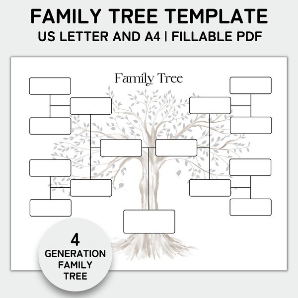Family Tree Template 4 Generation, Family Tree Chart, Printable for Family Reunion Gifts, Pedigree Chart, Genealogy Chart, Fillable PDF
