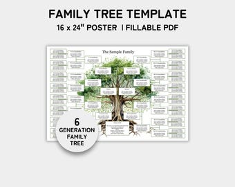 Family Tree Template 6 Generation, Family Tree Chart, 16x24" Poster, Family Reunion, Pedigree Chart, Genealogy Chart, Fillable PDF