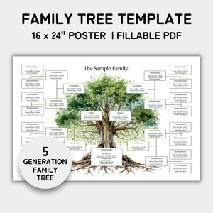 Family Tree Template 5 Generation, Family Tree Chart, 16x24&quot; Poster, Family Reunion, Pedigree Chart, Genealogy Chart, Fillable PDF
