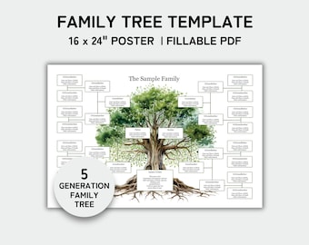 Family Tree Template 5 Generation, Family Tree Chart, 16x24" Poster, Family Reunion, Pedigree Chart, Genealogy Chart, Fillable PDF