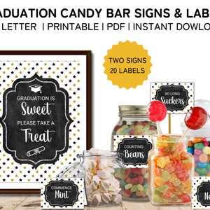 May include: Printable graduation party candy bar signs and labels featuring a chalkboard design with gold and black stars. The signs say "Graduation is Sweet, Please Take a Treat" and "Commence Mint". The labels say "Counting Beans", "So Long Suckers", and "Nerds".