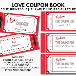 Printable Love Coupons, Coupon Book Template, Editable Valentine Coupons, Valentine Gift, Gift for Him, PDF