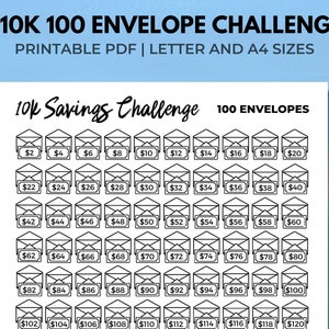 Desafio de economia de envelope 10K 100, rastreador de economia 10K para impressão, PDF, download instantâneo A4 e carta, desafio de dinheiro