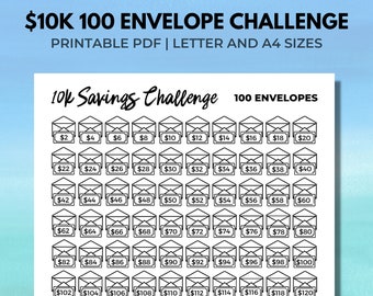 10K 100 Envelope Savings Challenge, Printable 10K Savings Tracker, PDF, Instant Download A4 and Letter, Money Challenge