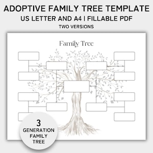 May include: A printable family tree template in the shape of a tree with branches and leaves. The template is designed for adoptive families and includes space for three generations. The text "Family Tree" is at the top of the template. The text "3 Generation Family Tree" is at the bottom of the template.