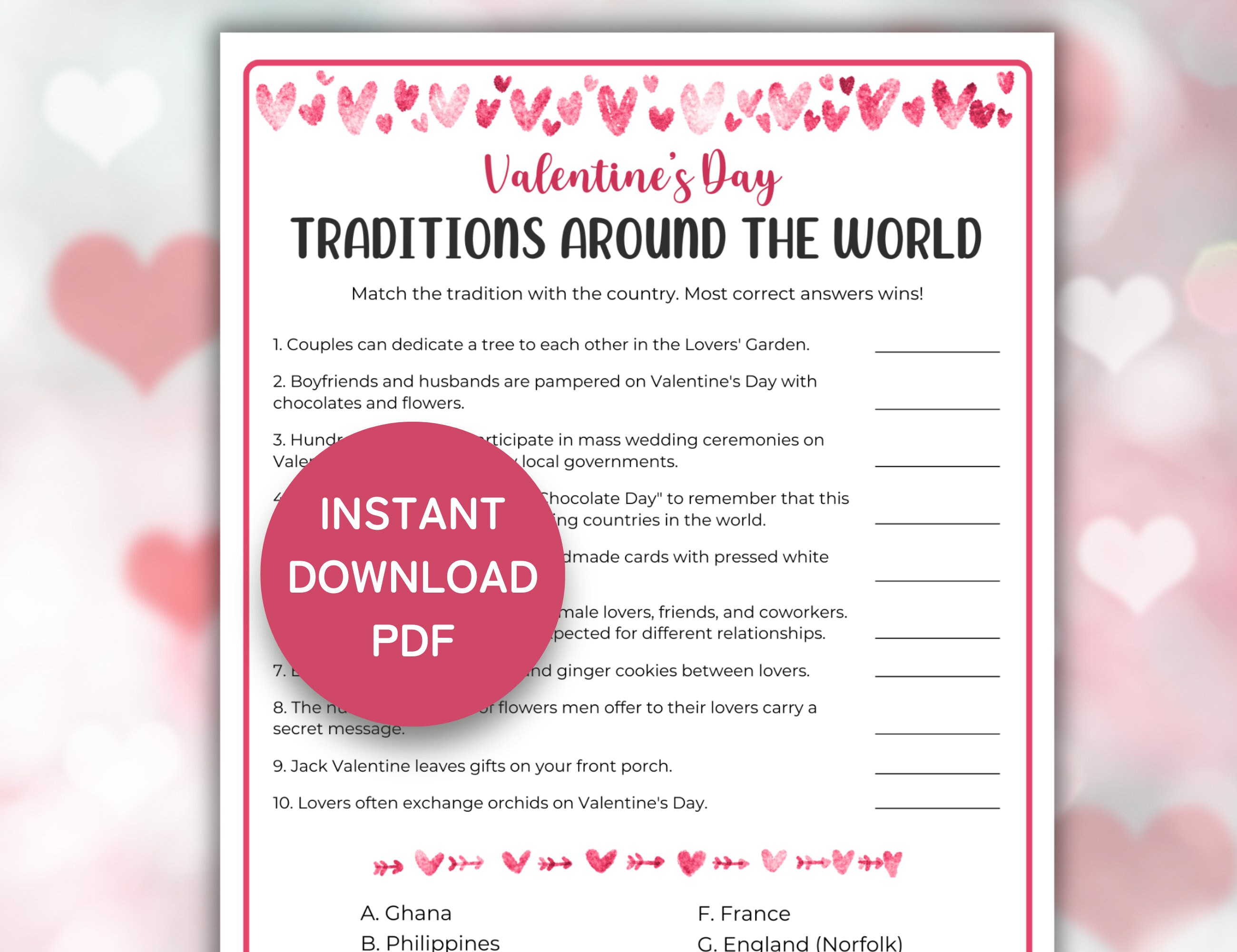 Valentines Day Trivia Game, Traditions Around the World Trivia ...