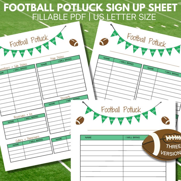 Football Party Potluck Sign Up Sheet Printable, Food Sign Up Sheet, Football Bowl Party, Fillable PDF, Office Potluck Template