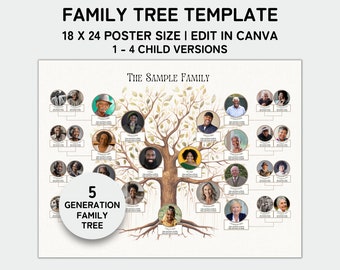 May include: A printable family tree template with a brown tree illustration and 24 photo placeholders. The template is designed for a 18 x 24 inch poster size and can be edited in Canva. The text "THE SAMPLE FAMILY" is at the top of the template. The text "5 GENERATION FAMILY TREE" is in a circle at the bottom left of the template.