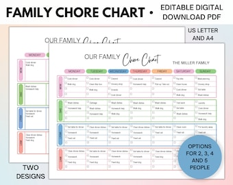 Editable Weekly Family Chore Chart for Kids and Adults, Printable Family Calendar, Weekly Family Cleaning Schedule, Instant Download
